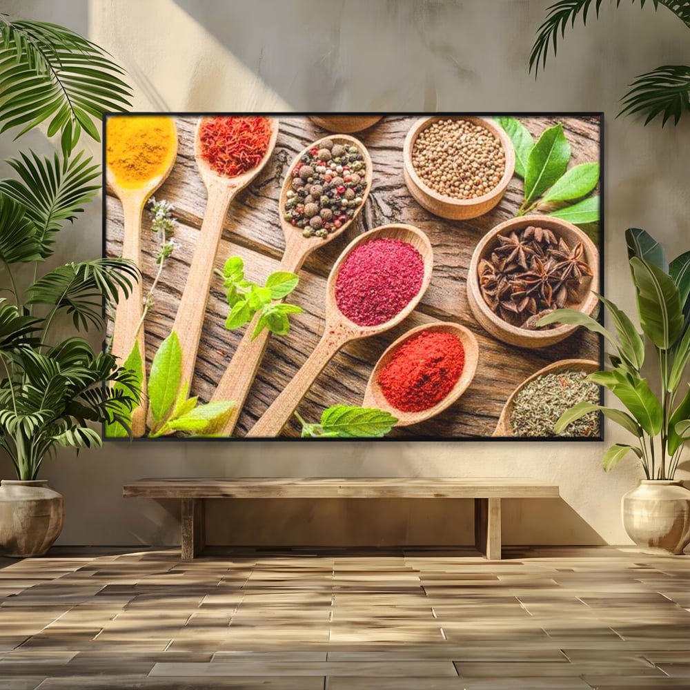 Tablou canvas cu tablou canvas cu condimente si linguri de lemn, in rama de aluminiu negru